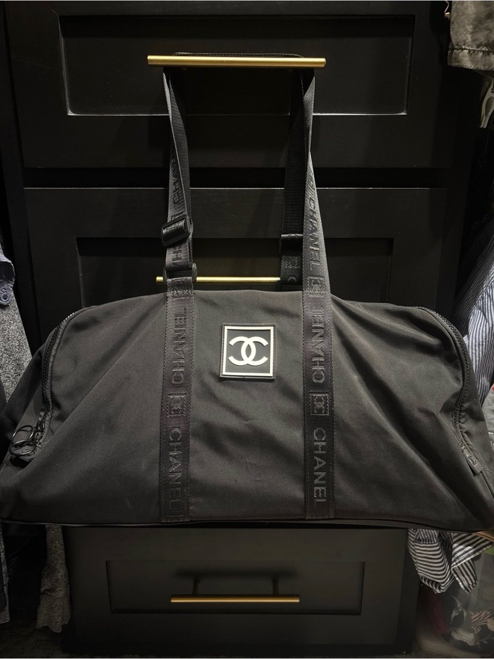 CHANEL VIP gift Black double zip Nylon Duffel Bag